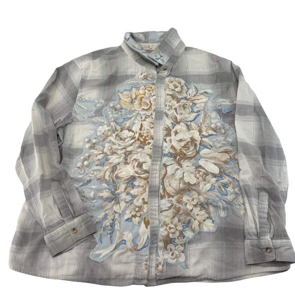 ana a new approach Grey Plaid Floral Applique Button Down Shirt XL Boho Cotton